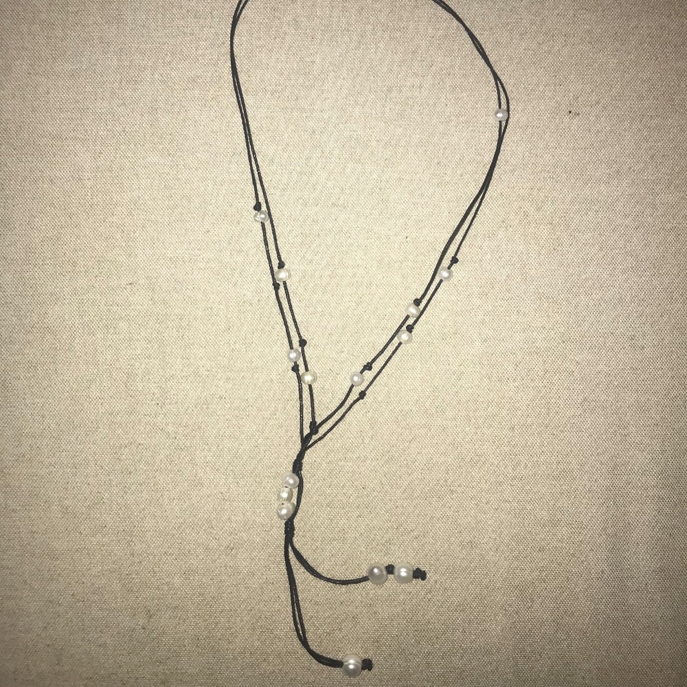 White Pearl Black Genuine Leather Cord Necklace